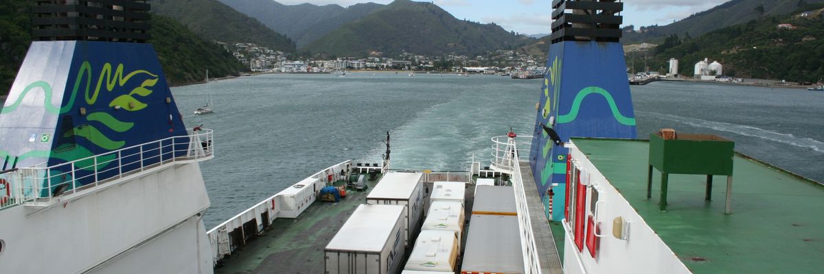 The deck of a Cook Strait ferry pulling out of Picton harbour.