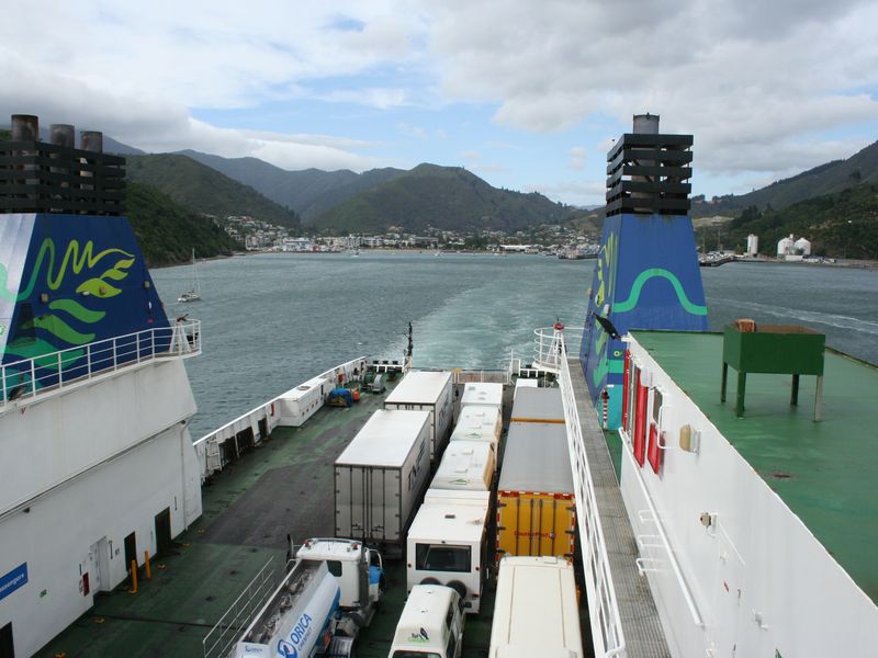 Looking back at Picton from the deck of a Cook Strait ferry as it leaves the harbour.