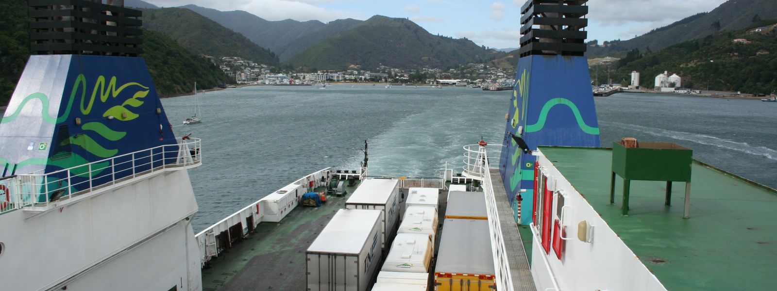 The deck of a Cook Strait ferry pulling out of Picton harbour.