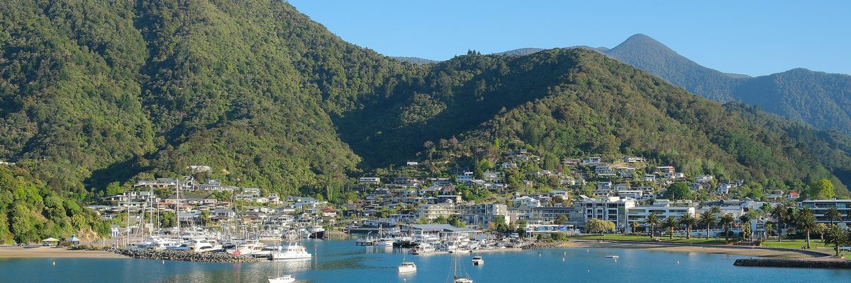 Picton marina and town at the head of Queen Charlotte Sound.