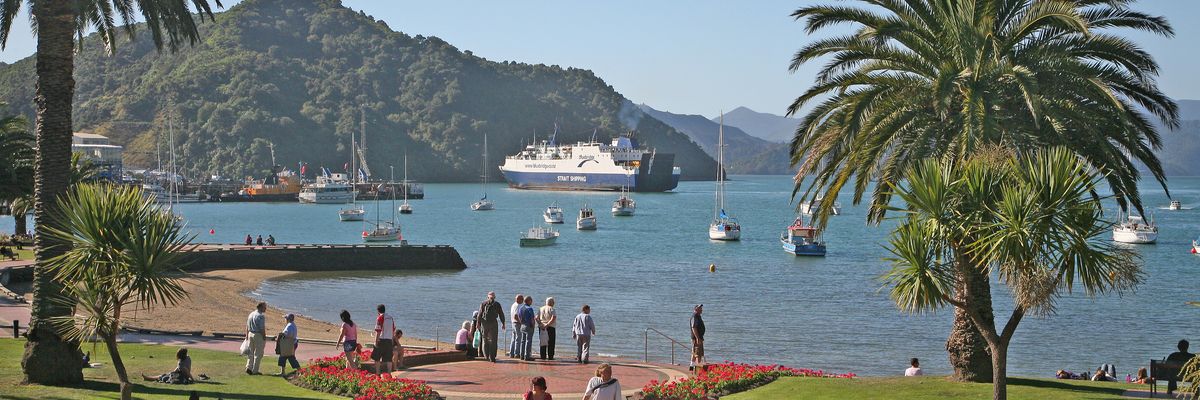 The Picton foreshore with the Cook Strait ferry berthed across the bay.