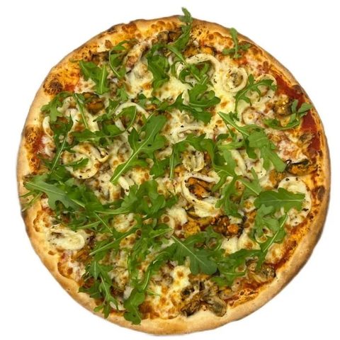A whole baked pizza topped with rocket leaves and seafood pieces on a white background.